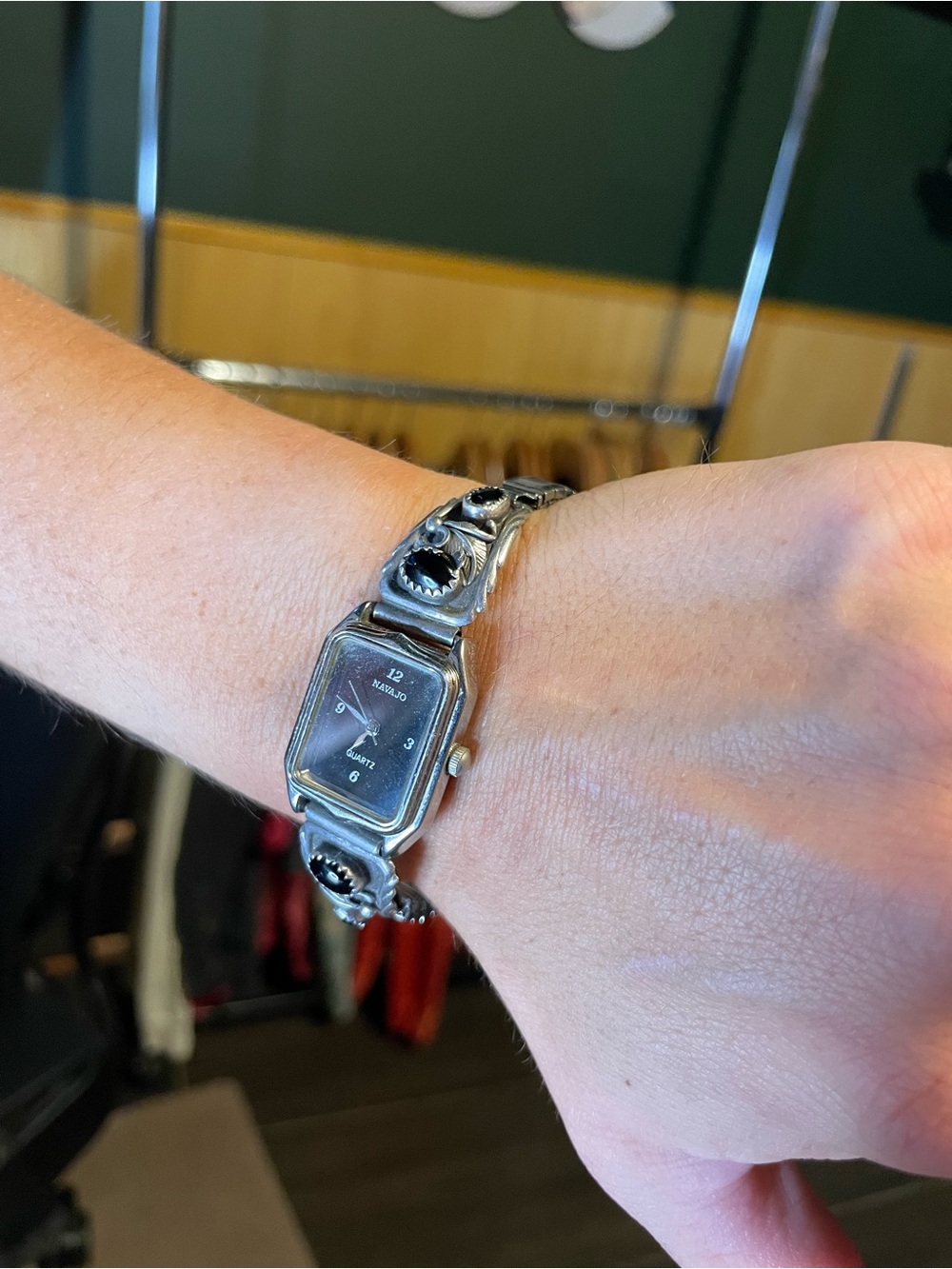 vintage Navajo quartz watch sterling silver and onyx stones
